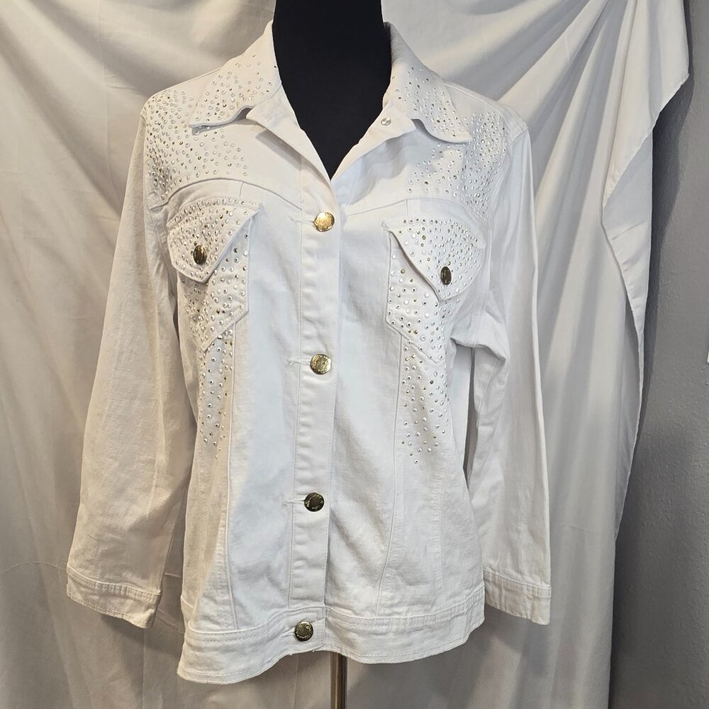 DG2 Diane Gilman White Rhinestone Jacket Size 1X Button-up Pockets Cotton Romie